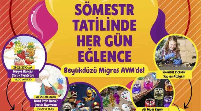 Beylikdüzü Migros AVM’de Tatil Boyunca Her Gün Eğlence, Her Gün Aktivite Beylikdüzü Migros Alışveriş Merkezi; sömestr tatili için gerçekleştirdiği müzikli çocuk tiyatroları, eğlenceli ve eğitici çocuk atölyeleriyle tüm çocukları, tatili keyifle geçirmeye davet ediyor.